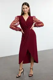 Burgundy Double Breasted Sleeve Detailed Knitted Chic Dress