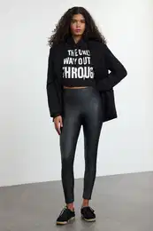 Anthracite Leather Look Shiny Body-Smoothing Elastic Knitted Leggings