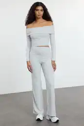 Grey Melange High Waist Flexible Ribbed Knitted Trousers