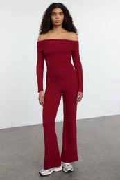 Claret Red High Waist Flexible Ribbed Knitted Trousers