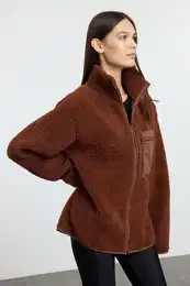 Winter Essentials Brown Thick Fleece Zipper Stand Collar Pocket Knitted Sweatshirt