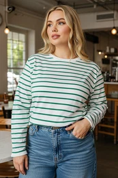 Curve Green Crew Neck Striped Knit Plus Size Sweatshirt