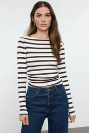Brown Brown Striped Fitted/Fits on the Body Gathered Detail Flexible Knitted Blouse