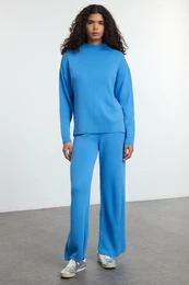 Blue Stand Collar Knitwear Top-Bottom Set