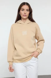 Beige Oversize/Wide Pattern Embroidered Thick Polar Fleece Knitted Sweatshirt