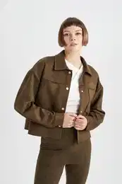 Crop Shirt Collar Snap Pocket Suede Shirt Jacket