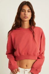 ROSELA Women's Warm Crew Neck Red Crop Sweatshirt with Underwir