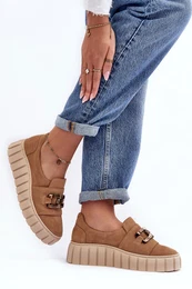 Lewski Shoes Women's Suede Shoes on Platform with Decoration Dark Beige Lewski 3398