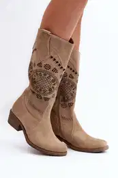 4043 Suede Boots with Low Heel Beige Openwork