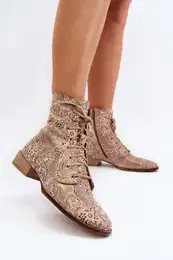 Leather Patterned Flat Heel Ankle Boots