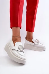 White Leather Loafers with Ornament 3486