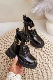 FR1 Girls Patent Insulated Boots With Decorative Strap Black Gilian