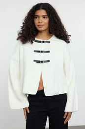 Ecru Boucle Coat-Looking Knitwear Cardigan