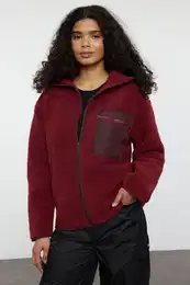 Winter Essentials Burgundy Thick Fleece Zipper Stand Collar Pocket Knitted Sweatshirt