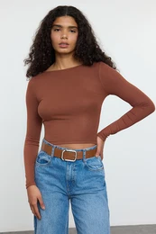 Brown Boat Neck Slim/Fits Regular Size Knitted Blouse
