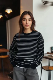 Black 2 Thread Crew Neck Striped Regular Knitted Sweatshirt