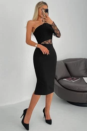Black Fitted One Sleeve Lace Detail Dress