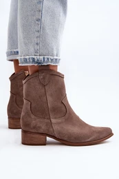 3329 Suede Cowboy Ankle Boots Low Heel Dark Beige