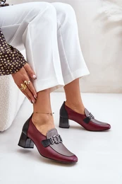 Leather Heels On A Block Heel With A Gold Decoration 2861 Burgundy