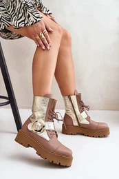 2942 Leather Worker Boots With Gold Buckle Beige