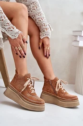 Leather Ankle Boots On Platform And Wedge Brown