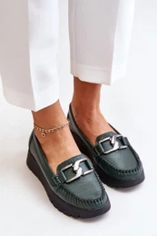 Leather Moccasins On Platform With Decoration Dark Green 10141