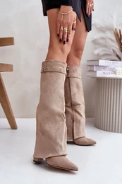 FG2 Women's Eco Suede Boots With Rolled Top On Heel Beige Bralise