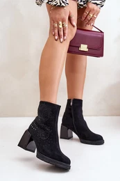 Insulated Women's Heeled Ankle Boots with Decoration Black D&A