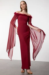Burgundy Sleeve Detailed Otrish Long Elegant Night Evening Dress