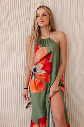 Women's Viscose Dress with Ties Around the Neck - Khaki