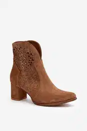 3166 Women's Perforated Boots On Heel Suede Camel