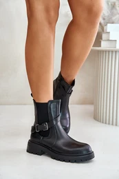 Leather Insulated Ankle Boots With Strap Black