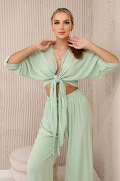 Women's set blouse with ties + trousers - mint