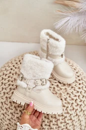 FR1 Eco Leather Girls Ankle Boots With Fur And Buckles Beige Cartemes