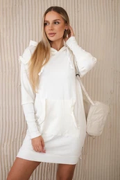 Dress with decorative ruffles and hood in ecru