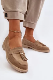 Beige Women's Suede Moccasins With Flat Heel 3420