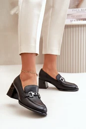 Elegant Leather Women's Heeled Shoes Black 91116