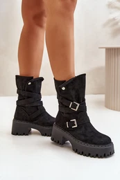 FG2 Women's Ankle Boots On Chunky Heel With Buckles And Strap Black Nerelisa
