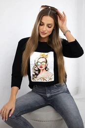 Blouse with graphics of a girl in glasses 3D black