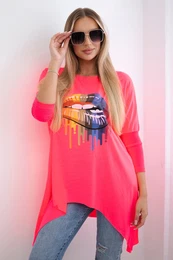 Oversize blouse with iridescent pink neon lip print