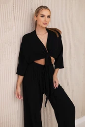 Women's set blouse with ties + trousers - black