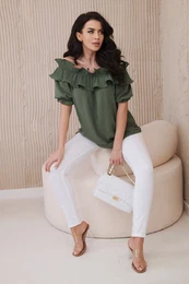 Spanish blouse with decorative khaki ruffle