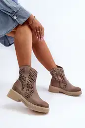 3470 Suede Women's Flat Heel Ankle Boots Cut-out Cappuccino