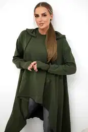 The blouse flars at the bottom in khaki