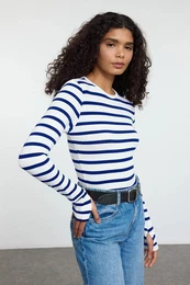 Saxe Striped Viscose/Soft Fabric Finger-Touch Detailed Flexible Knitted Blouse