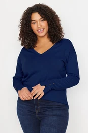 Curve Navy Blue V Neck Button Detailed Knitwear Sweater