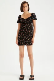 Cherry Patterned Heart Collar Relax Fit Sustainable Mini Jumpsuit