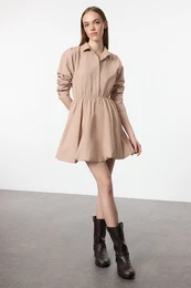 Camel Balloon Skirt Shirt Collar Mini Woven Dress