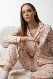 Ecru 100% Cotton Floral Knitted Pajama Set