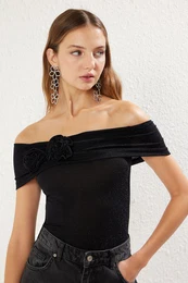 Black Rose Detailed Glittery Knitted Blouse